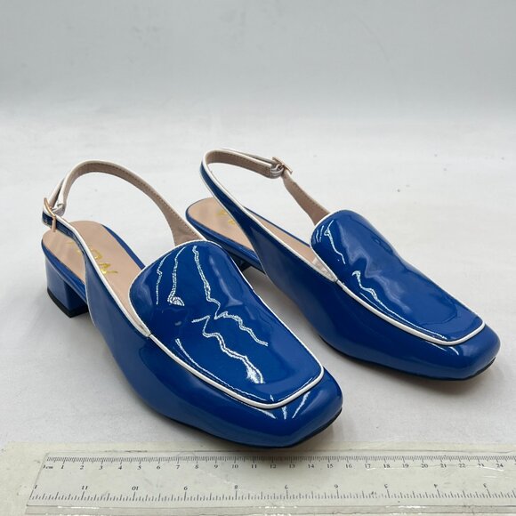 YDN Blue Square Toe Block Low Heels Slingback Formal Loafer Dressy Shoes Pump - Picture 4 of 8